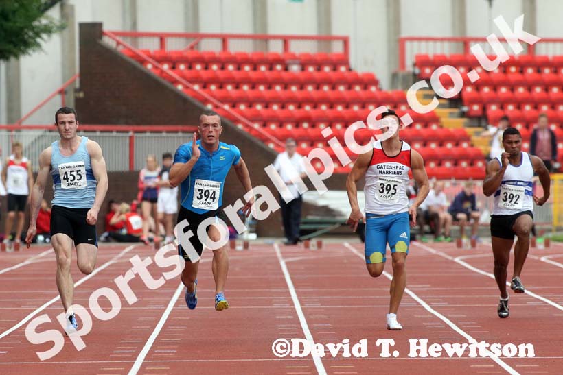 Richard Kilty (Gateshead) winning the 100 metres at the Gateshead Tartan Games Open.